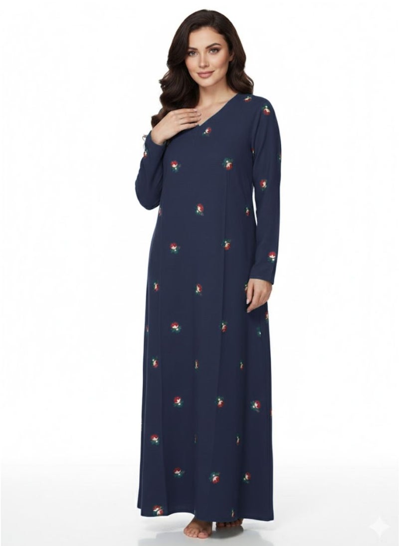 بريميم فستان جلابي نسائي طويل مطبوع عليه براعم ورد باللون الأزرق الداكن - جلابي رمضان - أكمام طويلة، فتحة رقبة على شكل حرف V، قماش محبوك يسمح بمرور الهواء، فستان مريح بطول كامل - Image 2